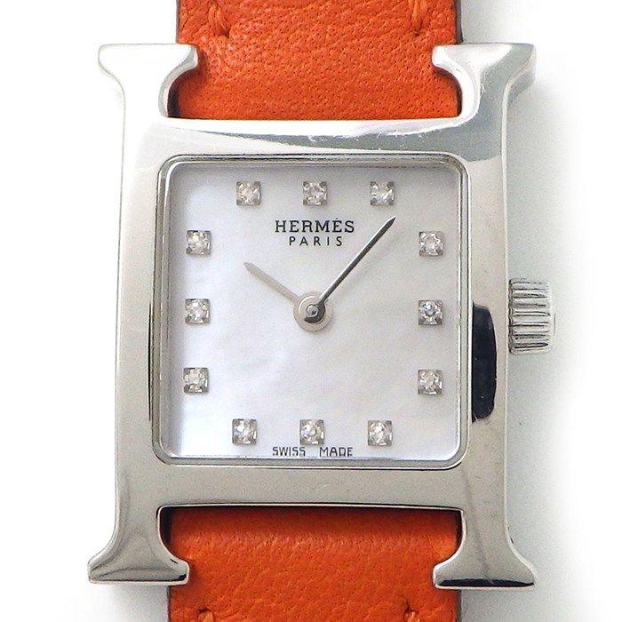 エルメス HERMES 腕時計 Hウォッチ HH1.190 12ポイント ダイヤインデックス スクエア ホワイトシェル文字盤 オレンジ レザーベルト K18WG クオーツアナログ