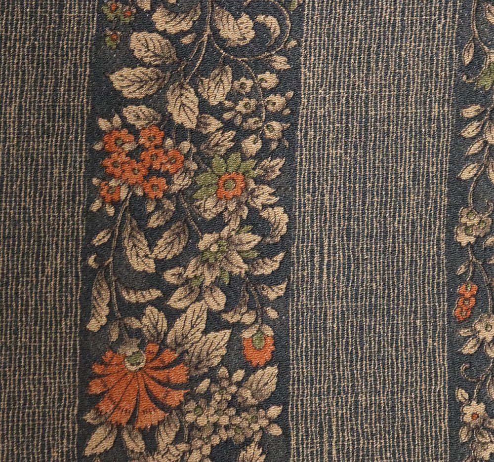 単衣 縮緬小紋 正絹 グレー 橙色 唐花 横縞 トールサイズ ki32142 美品