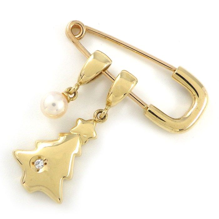 ミキモト MIKIMOTO ブローチ 安全ピン ツリー モチーフ パール 4.0mm珠 1ポイント ダイヤモンド K18YG 【中古】