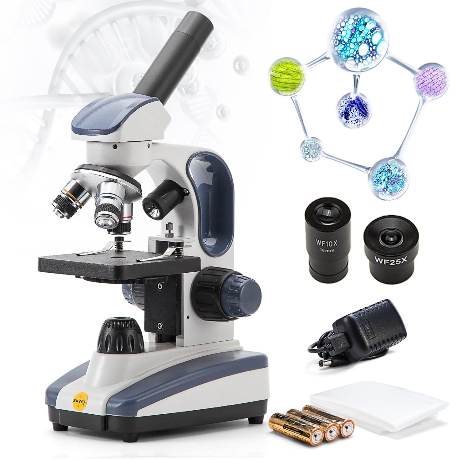 SWIFT SW200DL 人気 小学生用顕微鏡 40X-1000X単眼ヘッド 回転式 ガラス光学 広視野接眼レンズ25倍付 一軸式粗微動ハンドル 持ち運びハンドル付き 電源に接続するタイプ
