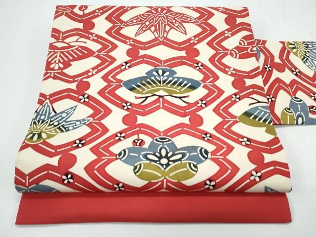 平和屋着物◎塩瀬 九寸名古屋帯 型染め 松竹梅 正絹 逸品 CAAY7513th