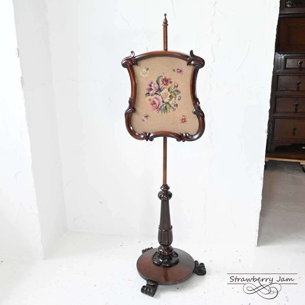 イギリス アンティーク 家具 ファイヤースクリーン 衝立 刺繍 英国
