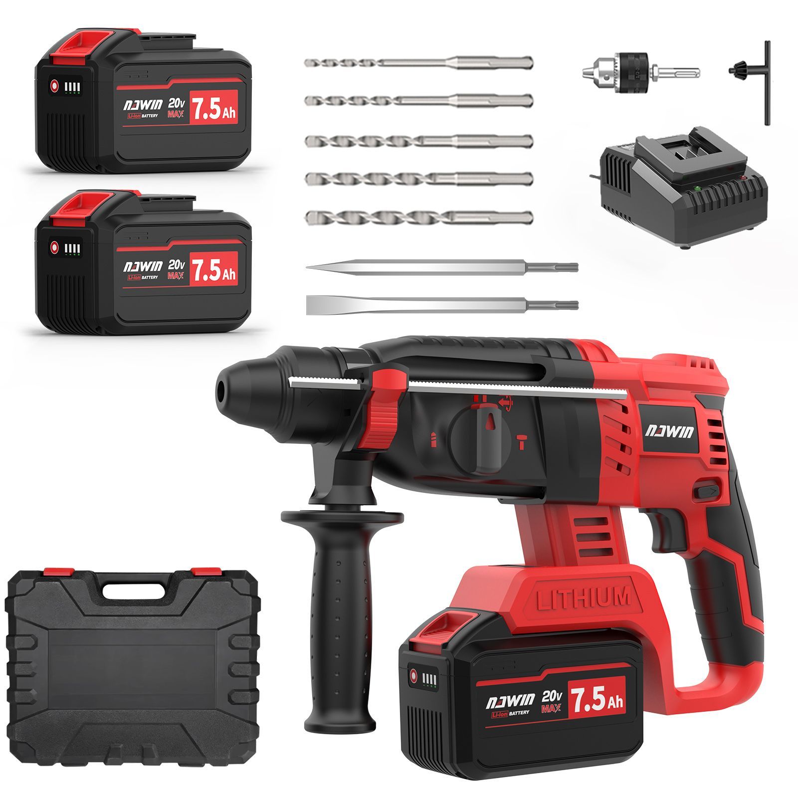 ナウィン 20V充電式ハンマドリル 7.5AH大容量バッテリー2個付 コードレス ブラシレスモーター 無段変速 ３モード切替 石材 壁 金属 木材の穴あけ ハツリ 斫り 工事 豊富な 取扱説明書 収納ケース