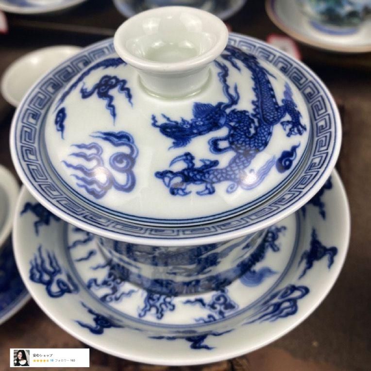中国茶器 景徳鎮 青花竜紋馬蹄三才蓋碗 茶杯 茶道具 煎茶器 新品