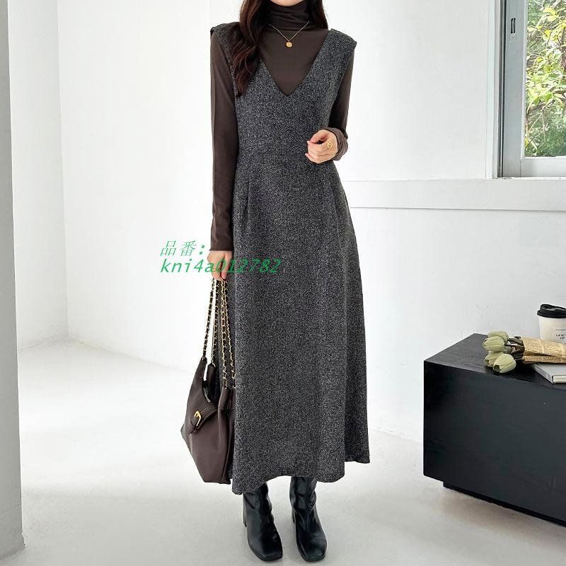 ジャンパースカート ワンピース レディース ロング ジャンスカ オールインワン フ秋冬 カジュアル Vネック オフィス ノースリーブ 大きいサイズ ゆったり kni4a012782