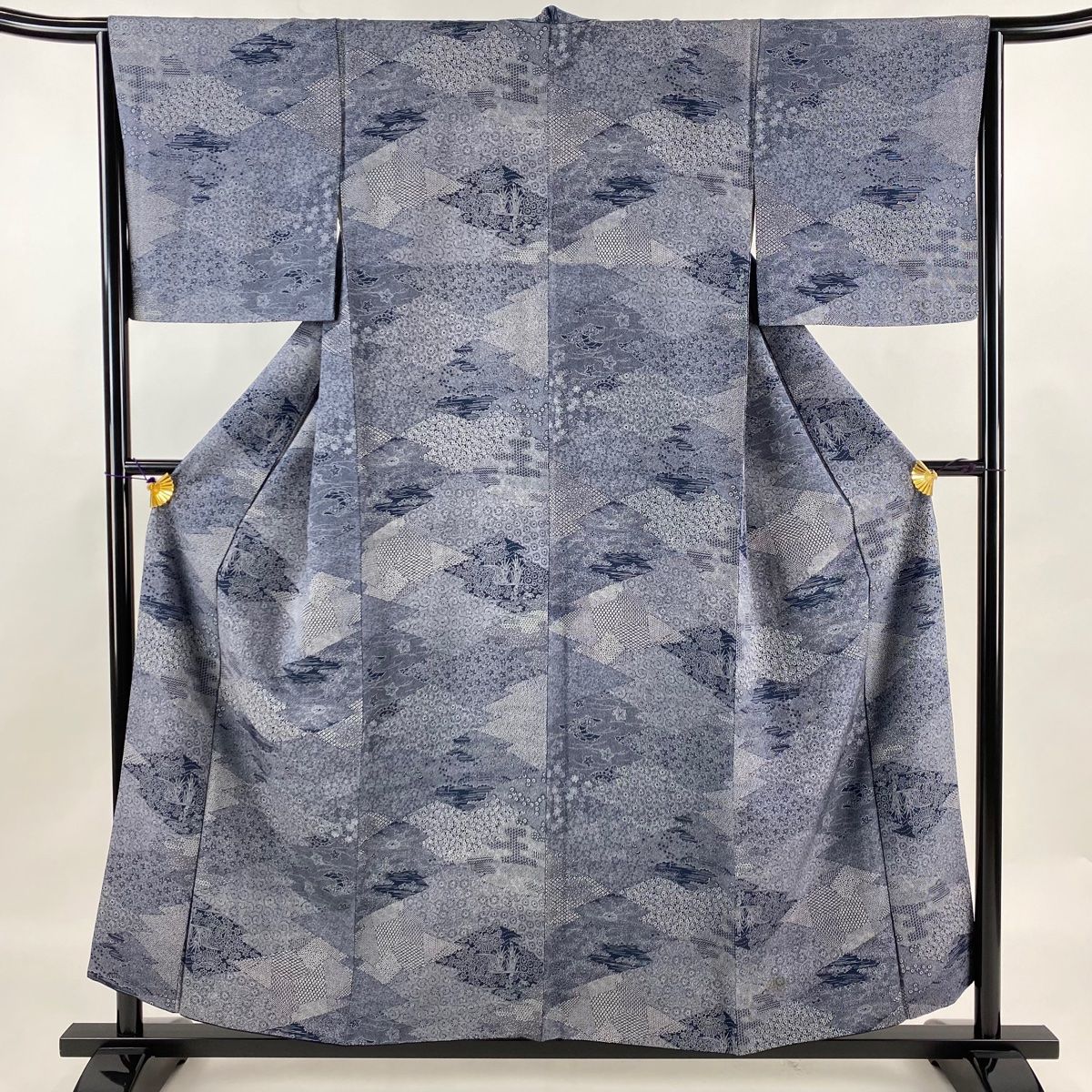 江戸小紋 身丈155.5cm 裄丈65.5cm M 袷 家屋 花唐草 濃紺 正絹 名品