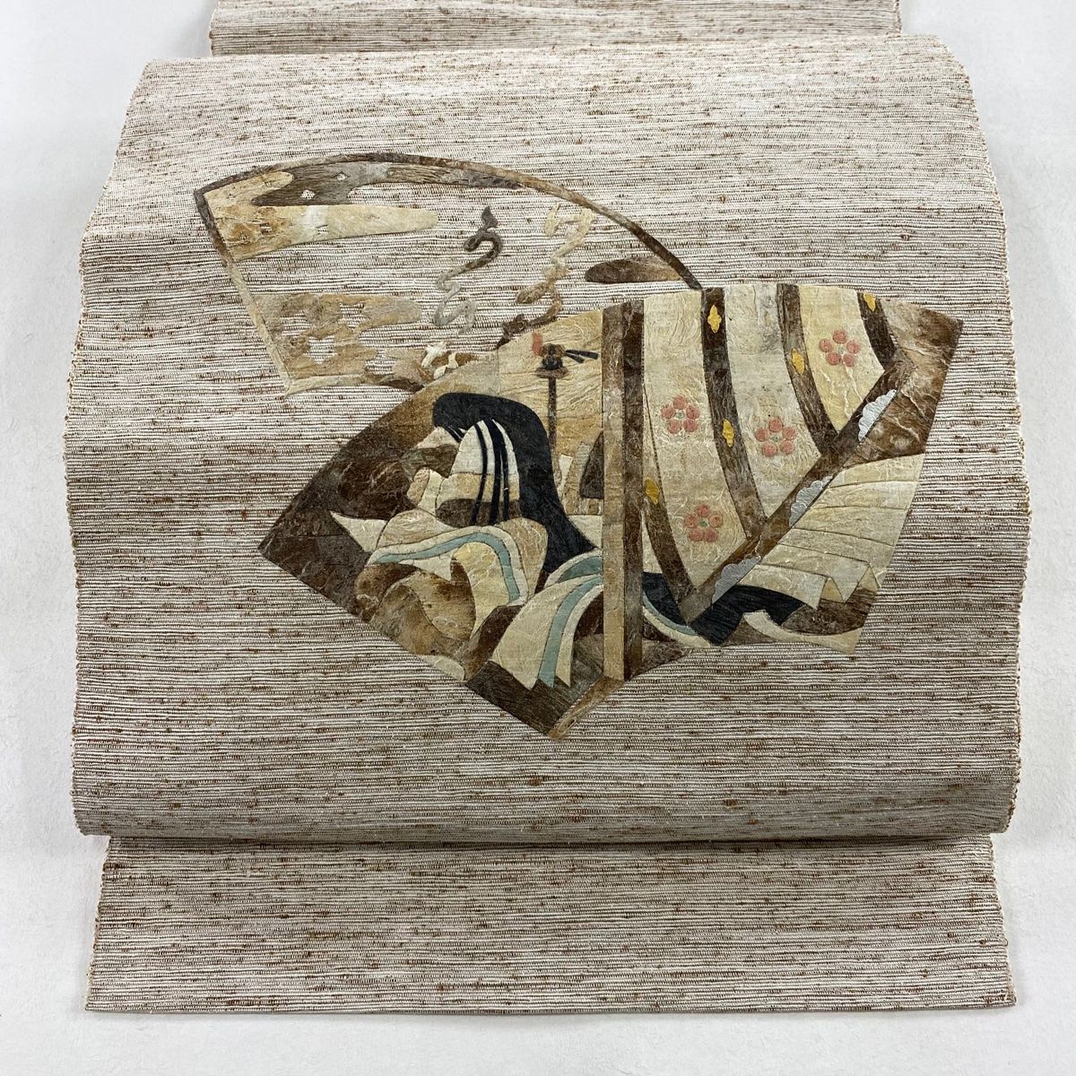 名古屋帯 名品 田尾笛秋 八寸名古屋帯 松葉仕立て 紬地 扇面 姫 薄茶色 正絹