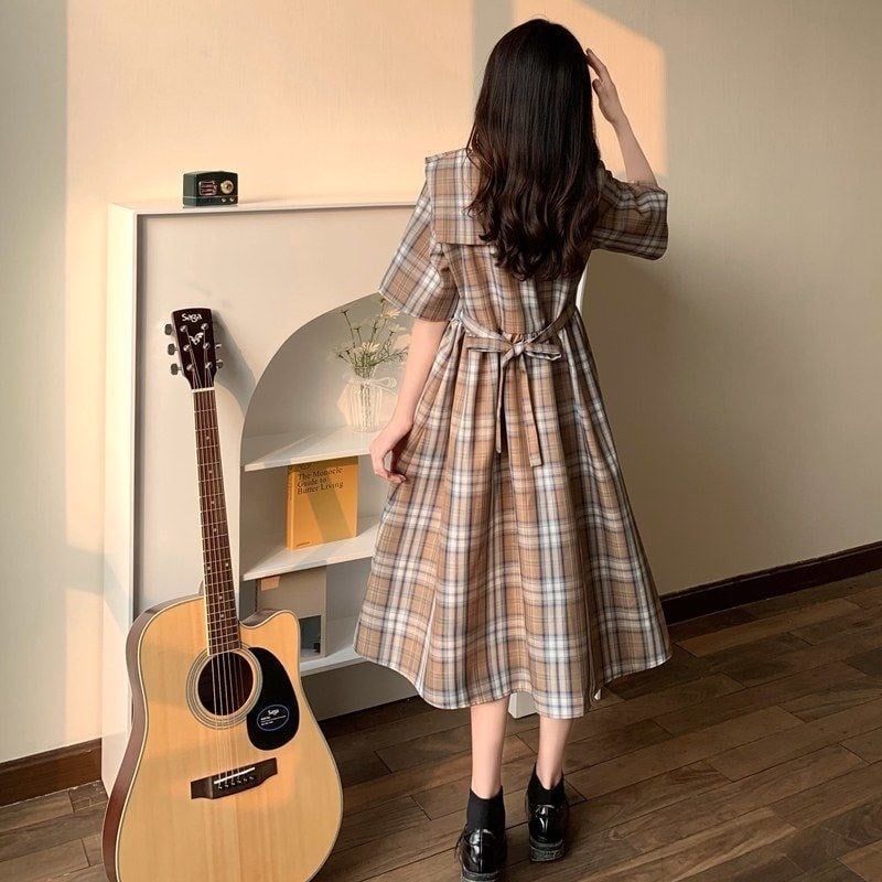 新品】レトロガーリー♡チェック柄セーラーワンピース レディース 韓国