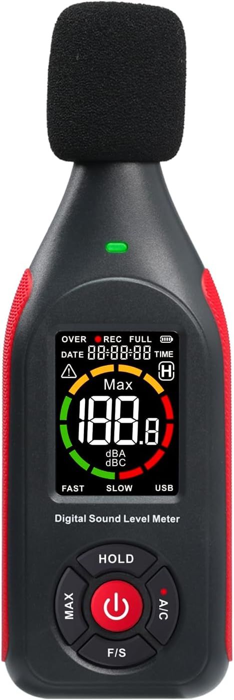 デシベルメーター サウンドレベルメーター プロフェッショナルサウンドレベルリーダー検出器 30dB~130dB MAXデータホールド、ノイズモニターデジタルSPL dBメーター、アラーム、データレコードu0026充電式機能付き。