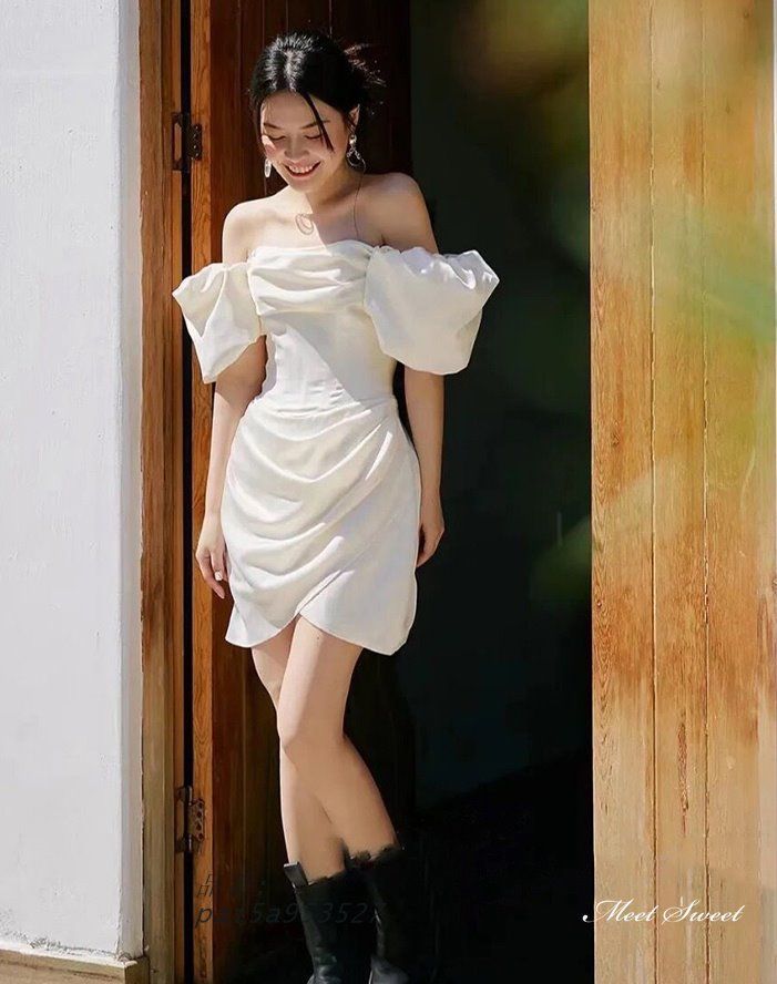 ウェディングドレス ミニドレス サテン オフショルダー ベアトップ チューブドレス ブライダル 花嫁 ファスナー 結婚式 ウエディングドレス 二次会 前撮り pai5a953527