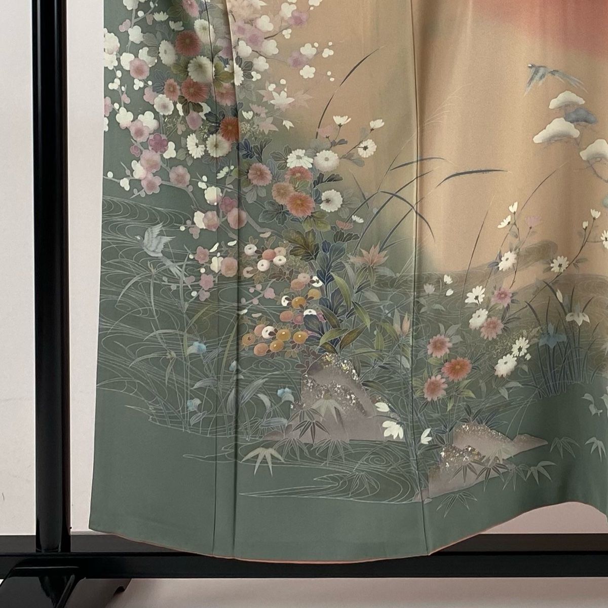 訪問着 身丈154.5cm 裄丈62.5cm S 袷 落款 菊 花鳥 金銀彩 染め分け 灰緑 正絹 秀品 一つ紋