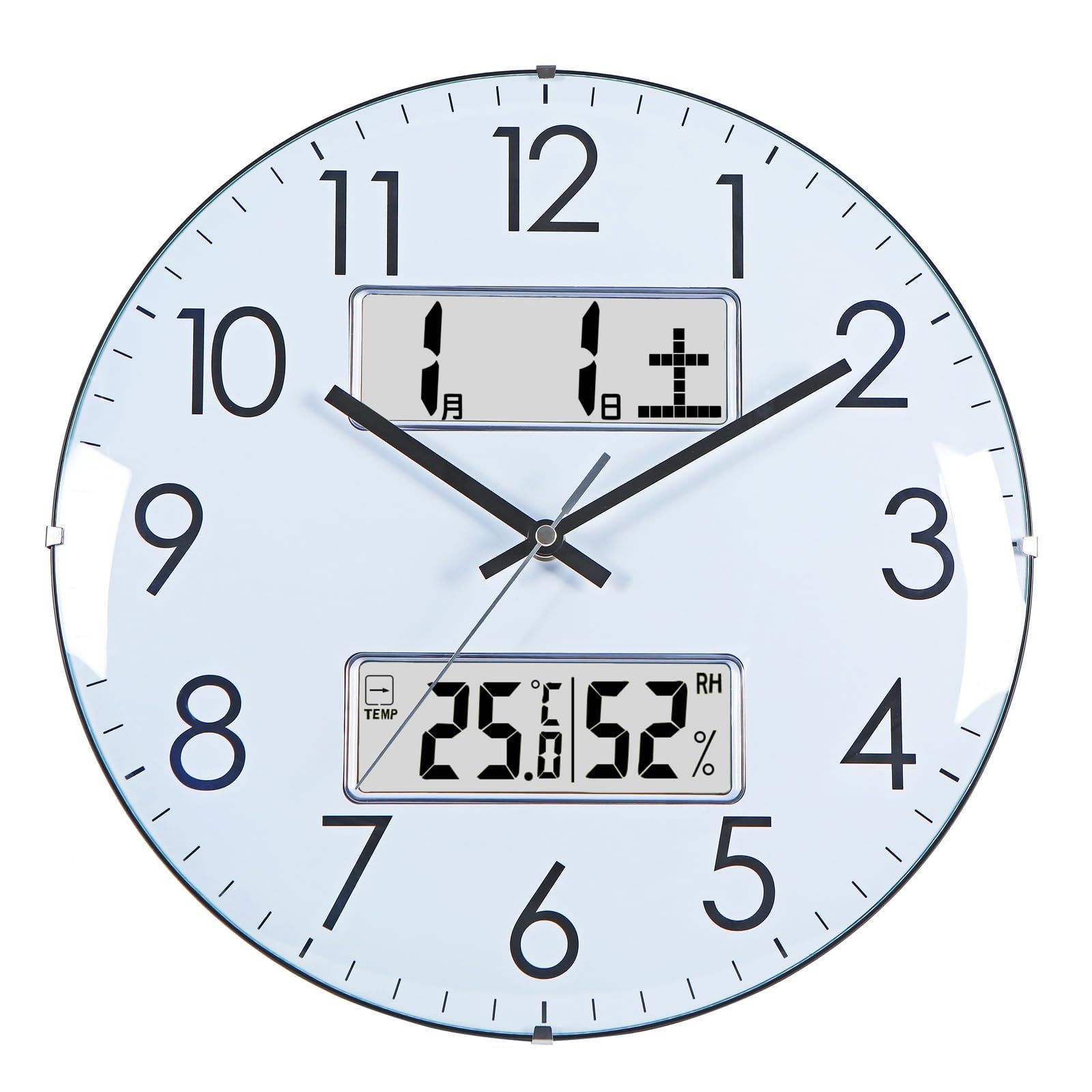 Color ホワイト_Size 電波 33cm 掛け時計 電波時計 温度 湿度 日付 曜日表示 33cm直径 アナログ 夜間秒針止まり 22時～6時 静音 球面ガラス ホワイト