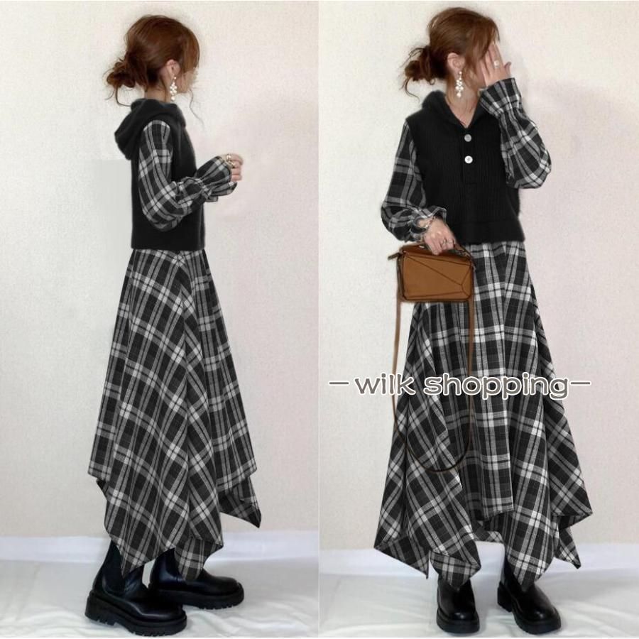 ドッキングワンピース レディース 秋服 チェック柄 フード付き