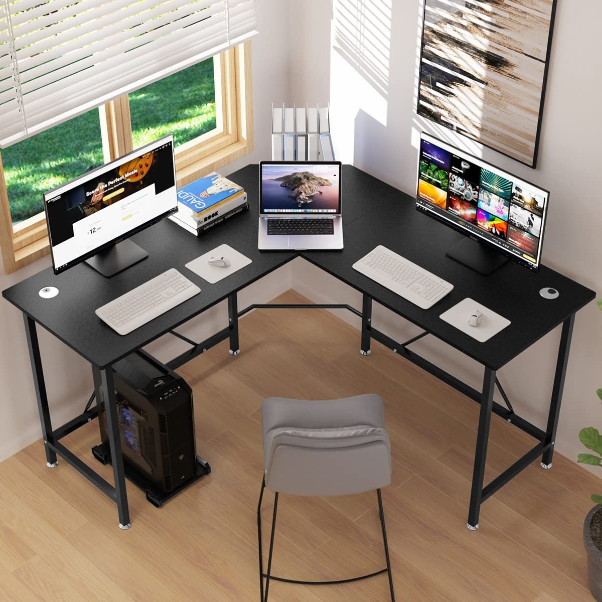 コーナーデスク オフィスデスク 作業机 ゲーミングデスク 木製 高強度のメラミン加工 幅130cm ワークデスク cpuスタンド付 机 デスク コード穴付き L字型 pcデスク 黒 L字デスク パソコンデスク