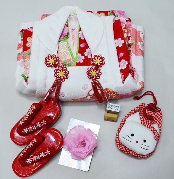 七五三 三歳 女児 正絹 被布着物フルセット 半衿伊達襟付き NO38637 七五三 三歳 女児 正絹 被布着物フルセット 半衿伊達襟付き 祝着