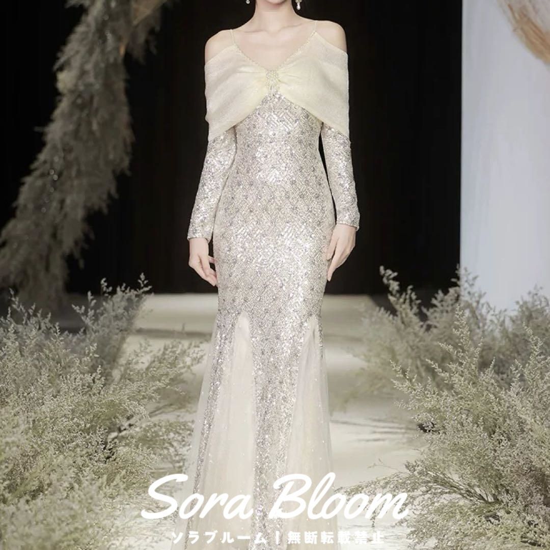 リボンの様なデザインの長袖のオフショル イブニングドレス 【公式通販】