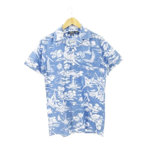 ポロ ラルフローレン POLO RALPH LAUREN アロハシャツ 半袖 リネン 麻 オープンカラー レギュラーカラー ロゴ刺繍 カジキマグロ ヤシの木 総柄 XS 青 ブルー |AH24 GY44