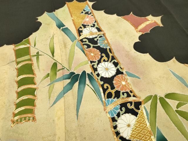 黒留袖　作家もの　雅道　金彩　螺鈿細工　金閣寺　花模様　着物　075a p 黒留袖 作家もの 雅道 金彩 螺鈿細工 金閣寺 花模様 着物 075a p