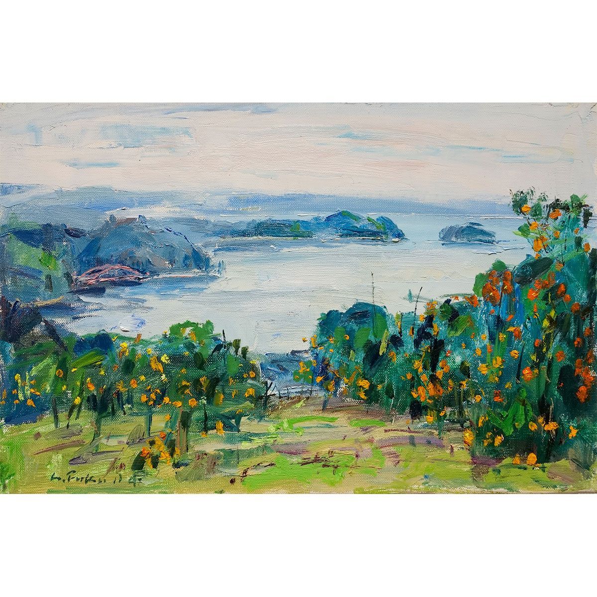 油彩画 P4号 福田俊三 初冬浜名湖遠望 額入り 油絵 真筆 手描き 肉筆 風景画 ミカン畑 三ケ日みかん 白日会 赤い橋 よこ長の絵 YE522