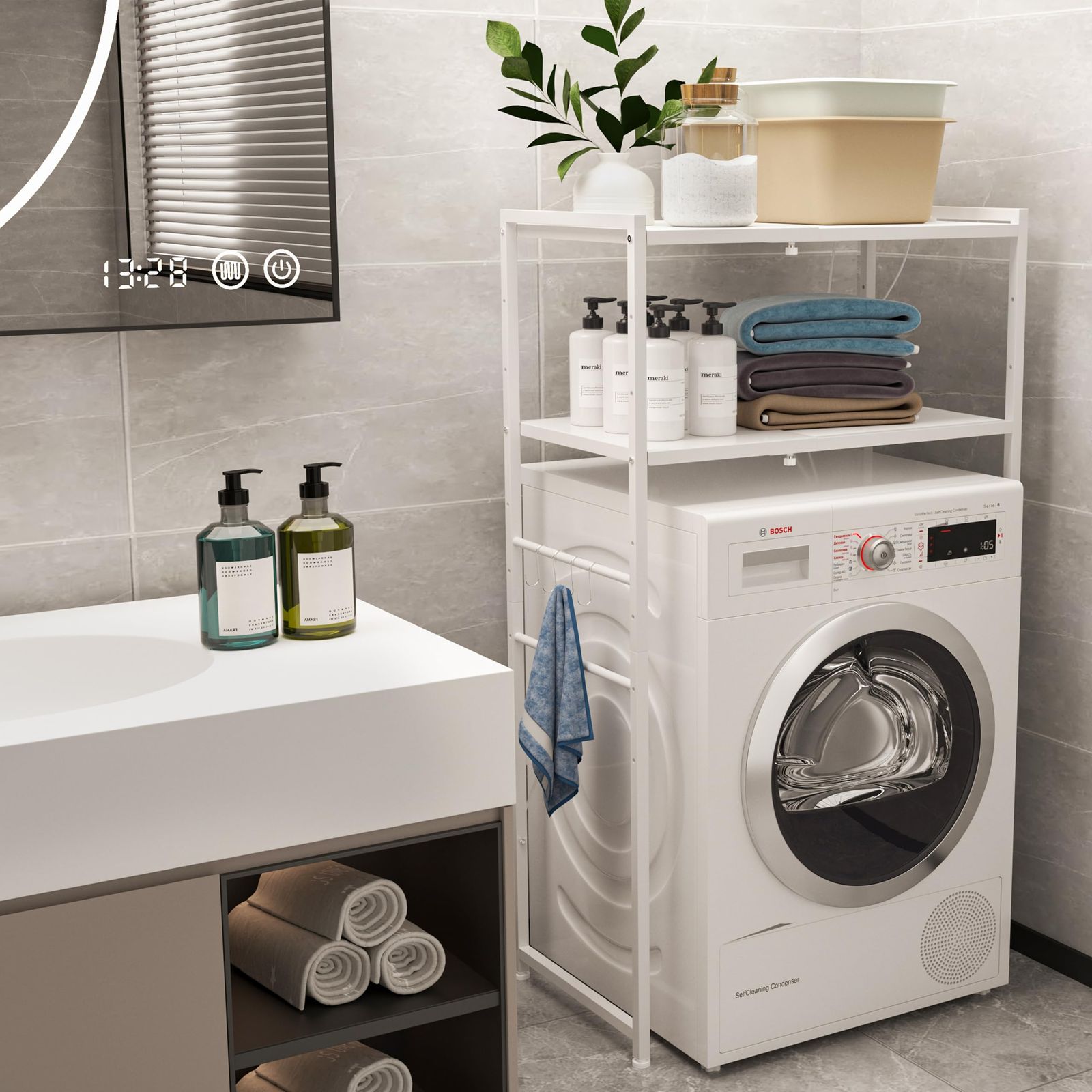 横幅伸縮できるコンセント付きキッチンベイカーラック キッチンラック レンジ台 オーペンラック ゴミ箱収納 プリント台ラック 可動式棚板多段調整 Sフック付き 荷重70kg 錆び防止 耐摩擦性 耐水性 耐熱性機能がある ホワイト 幅60.5から-80