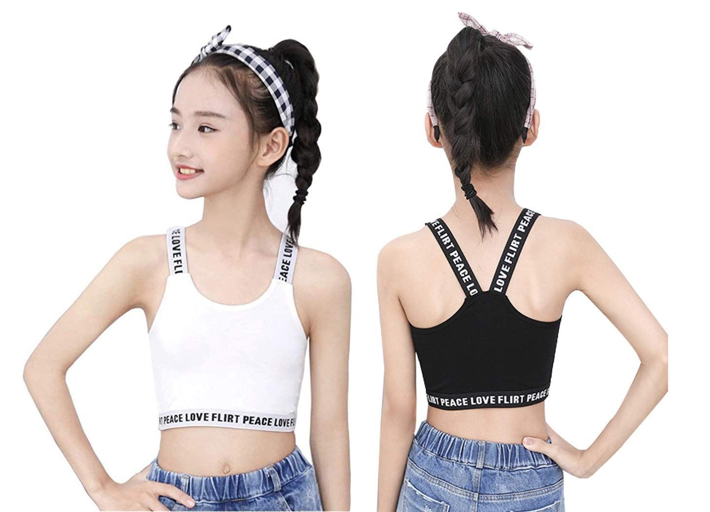 エイーホ 2枚セット キッズ ハーフトップ タンクトップ キッズ 女の子 ダンス 女子 重ね着 キャミソールジュニア インナー ブラ黒 白