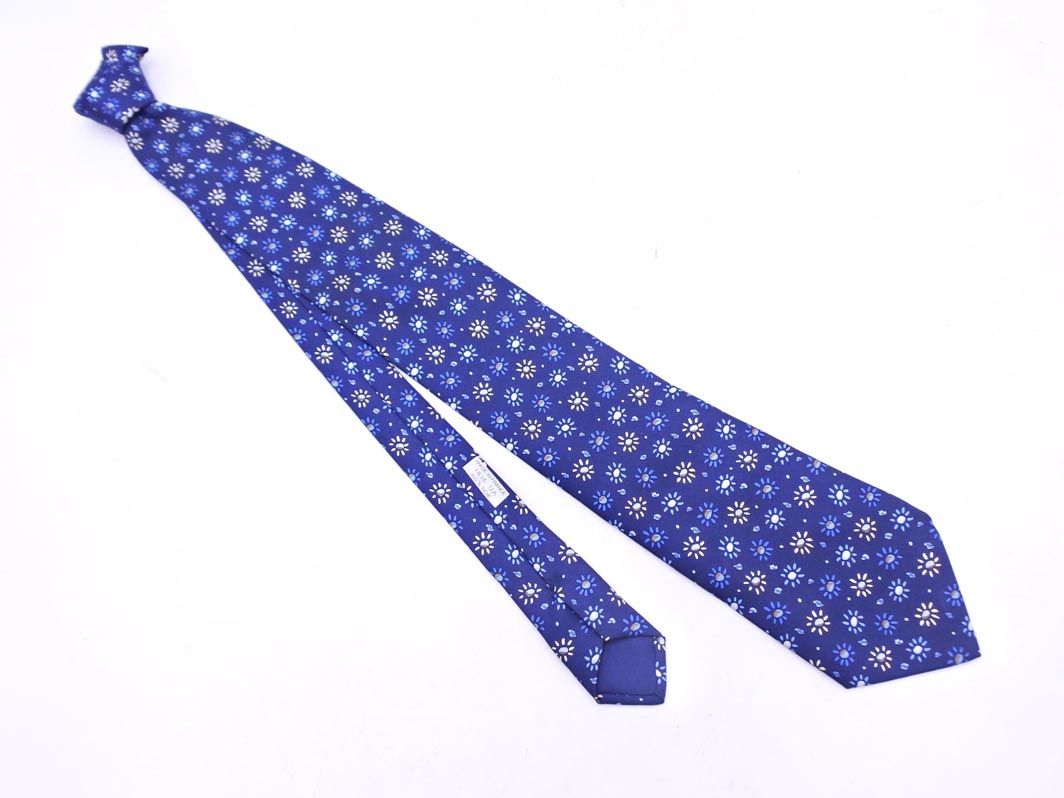 HERMES エルメス シルク100% 花柄 ネクタイ 紺 □□ メンズ