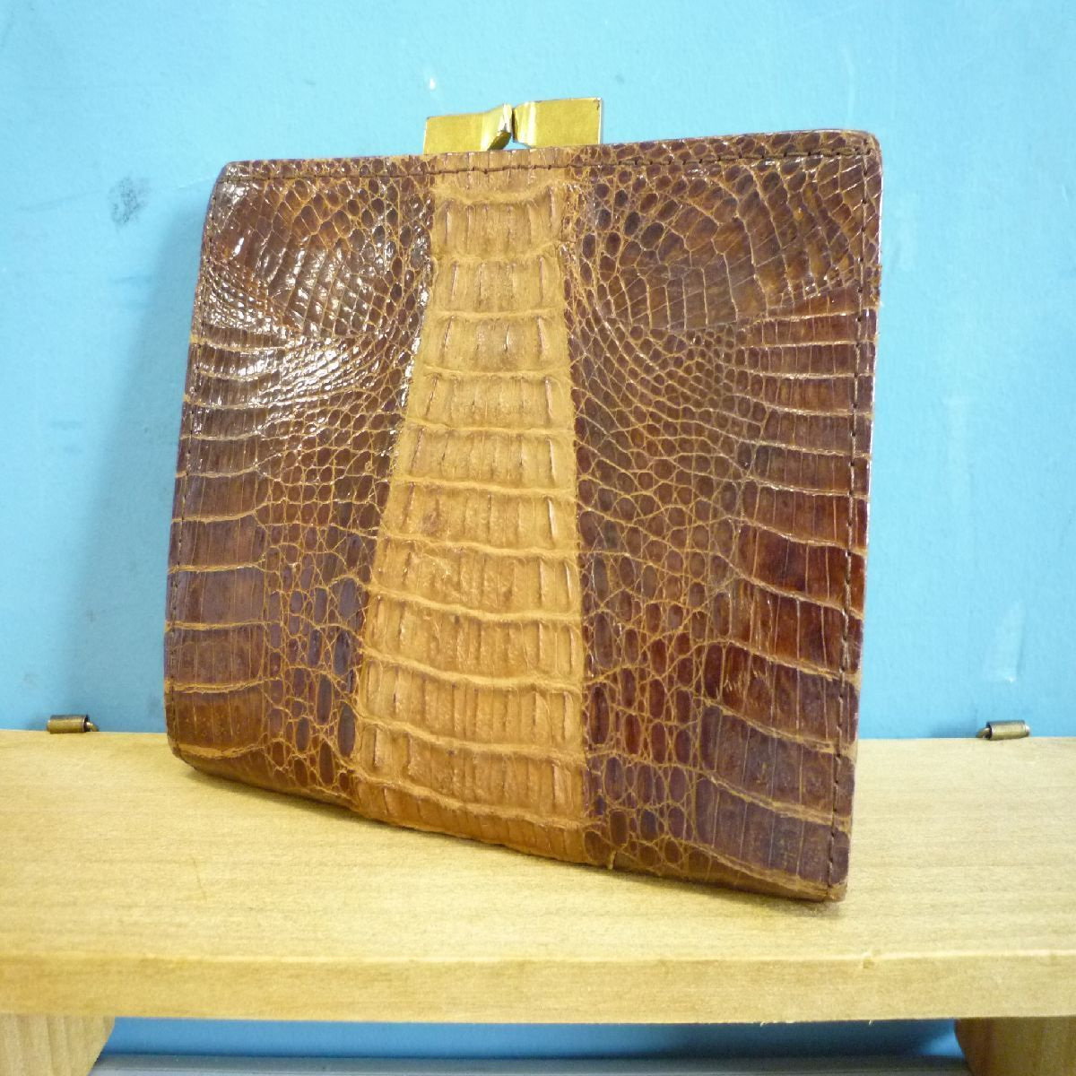 カイマンクロコダイル がま口財布 シャイニング加工品 折り財布 ワニ革 