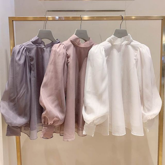 トップス シャツ ブラウス シフォンシャツ 袖あり 長袖 パフスリーブ