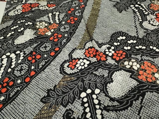 平和屋着物○豪華振袖 総絞り 吉祥松葉文 黒地 金彩 正絹 逸品