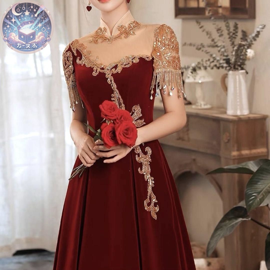 スパンコールのオシャレなデザインの半袖 イブニングドレス