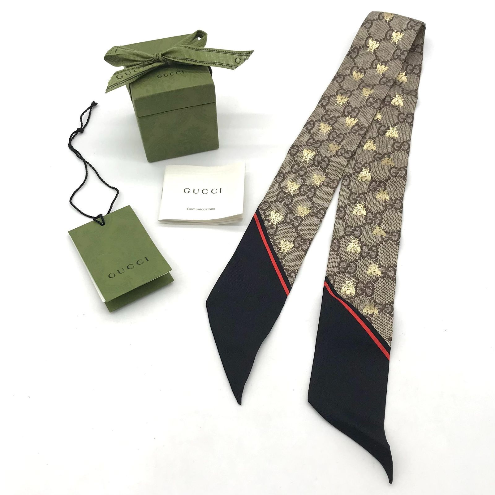 ▽【美品】GUCCI/グッチ GGビー ハチ シルクネックボウ スカーフ 