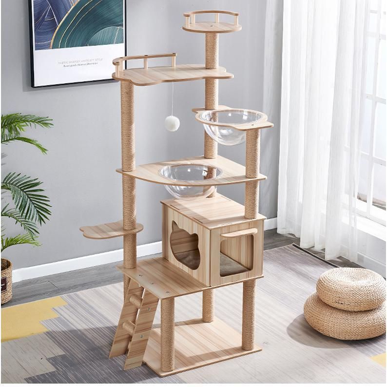 大好評☆キャットタワー 猫タワー 木製 据え置き 高さ170cm おしゃれ 大型猫 透明宇宙船 猫ハウス ネコ 猫用 多頭飼い 爪とぎ 麻紐 運動不足 頑丈