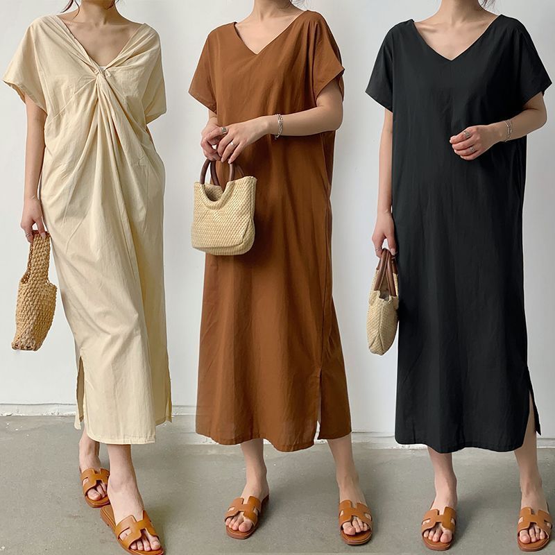 ロングワンピース レディース 半袖 夏 ワンピース スリット