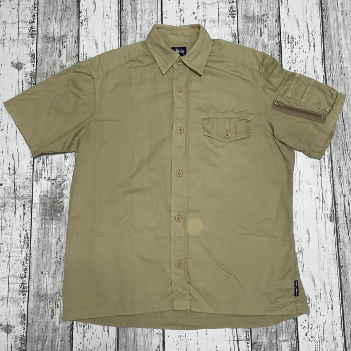 Old Stussy オールド ステューシー 紺タグ90s半袖シャツ カーキ USA製 