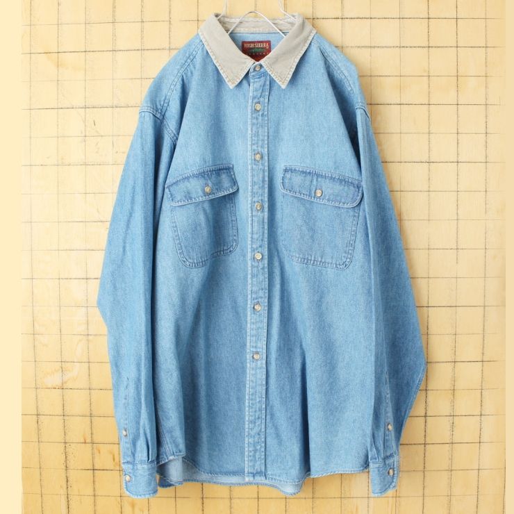 90s USA HIGH SIERRA 長袖デニムシャツ メンズL ブルー コーデュロイ アメリカ古着 082725aw107