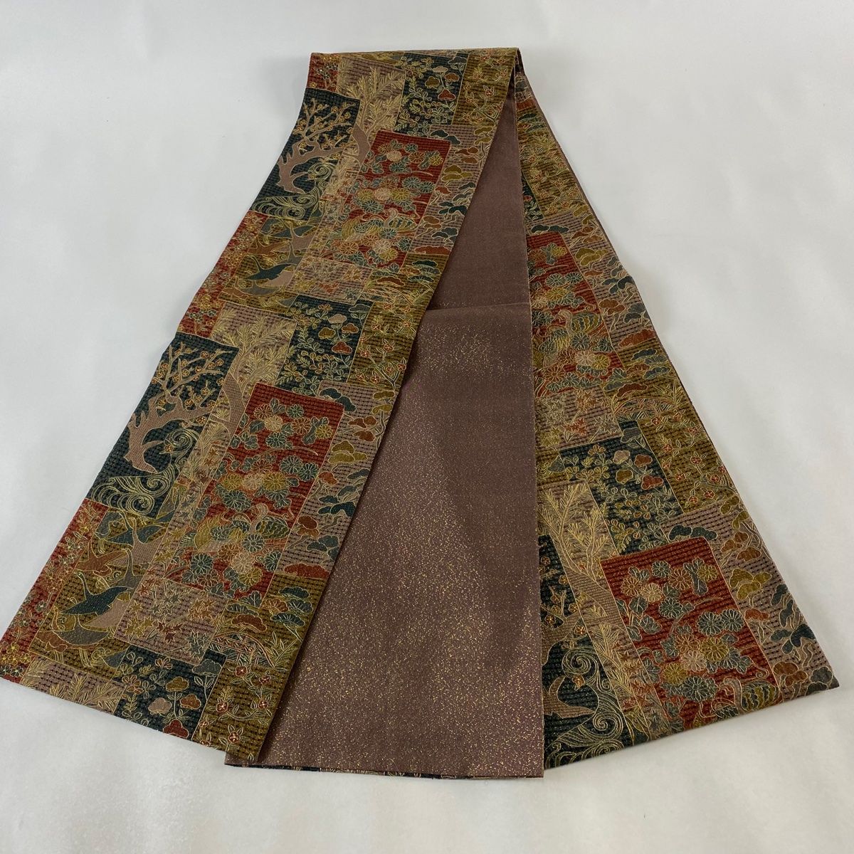 袋帯 逸品 菊 鳥 汕頭刺繍 金糸 灰茶 全通 正絹 【中古】 - メルカリ
