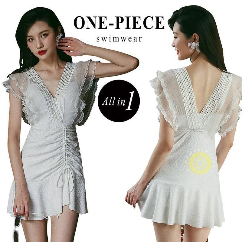 送料無料】 2色 水着 ワンピース レイヤード風 フリル スカート レース