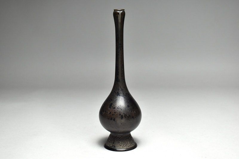 蔵A5031 時代 銅造 曽呂利瓶 一輪花生け 遠州流家元 初出し品