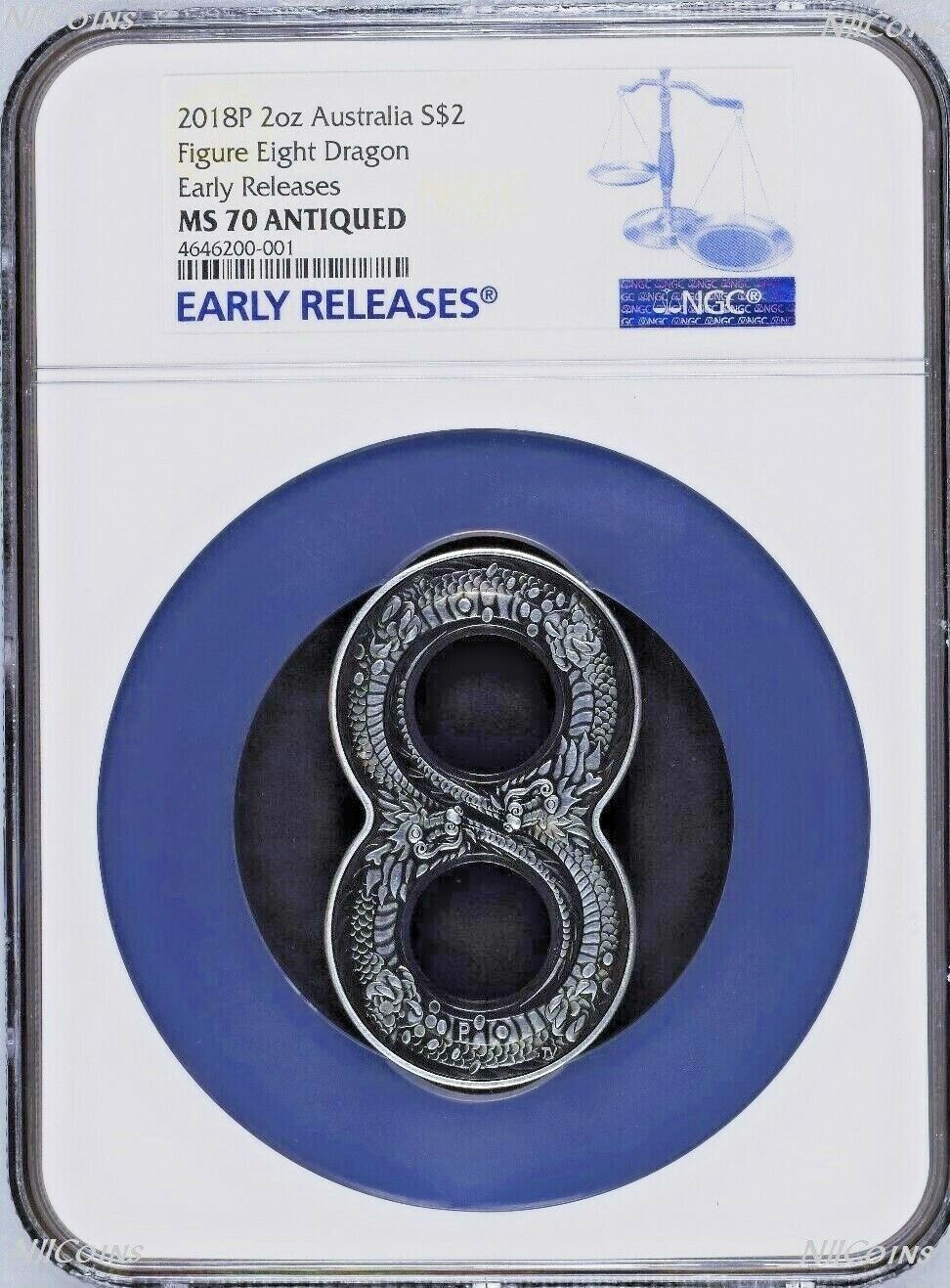 2018 P Atralia Figure Eight Dragon ANTIQUED 2 Oz Silver $2 COIN NGC MS70 ER