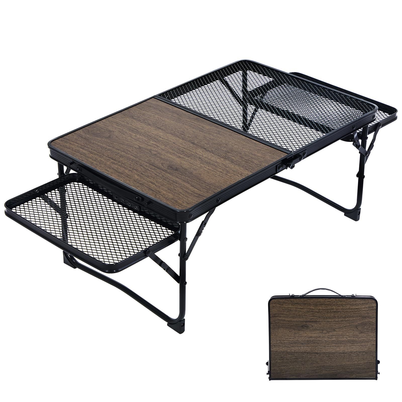 RIDGE キャンプ テーブル アウトドアテーブル サイドテーブル付き メッシュ＋フラット天板 2IN1 TIMBER 軽量 折りたたみテーブル コンパクト ローテーブル ミニテーブル 耐熱 焚き火テーブル 耐荷重50kg 登山 バーベキュー ソロテー