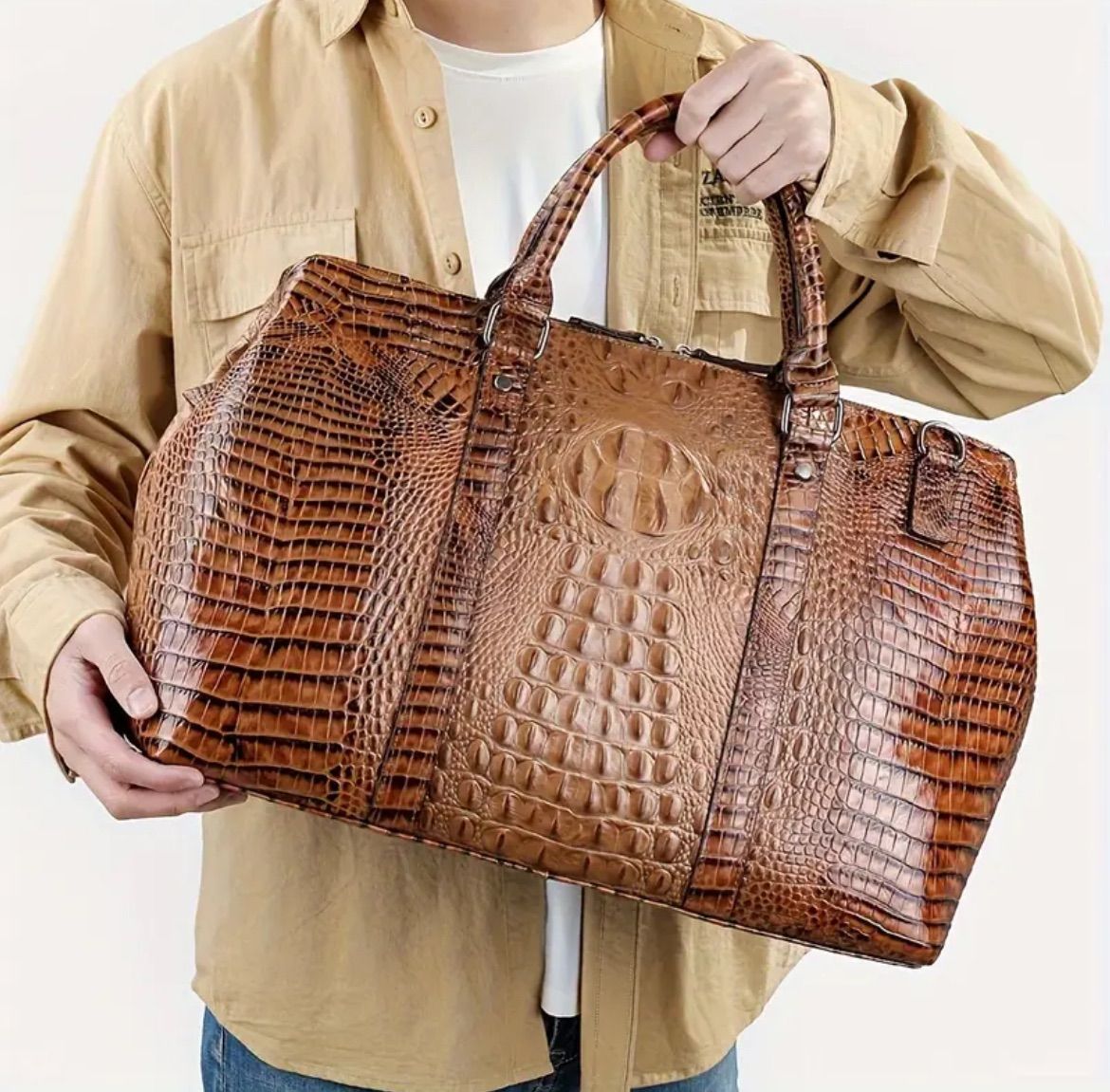 ブラウン クロコダイル風ビジネスバッグ クロコダイル メンズ ビジネスバッグ かぶせ ダイヤルロック 30cm