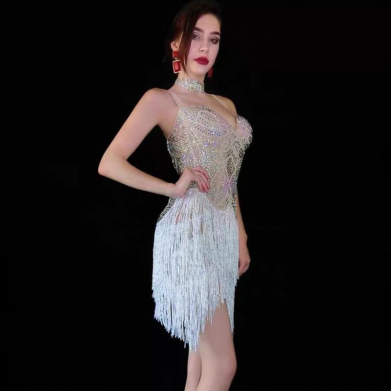 フリンジ＆チェーン ボディスーツ 歌手 ステージ衣装 パフォーマンスウェア シルバー LLC-HASEGAWATOSO_COM