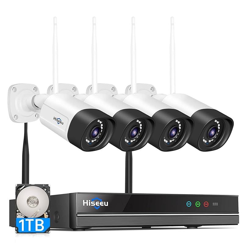 防犯カメラ ワイヤレスHiseeu 一体型NVR 1920P 500万画素 4台セット 1TBHDD内蔵 10チャンネルまで増設可 遠隔監視 双方向音声 防水等級ip66 AI動体検知 屋内 屋外 セキュリティ カメラ4台＋一体型NVR 1TBHDD内蔵