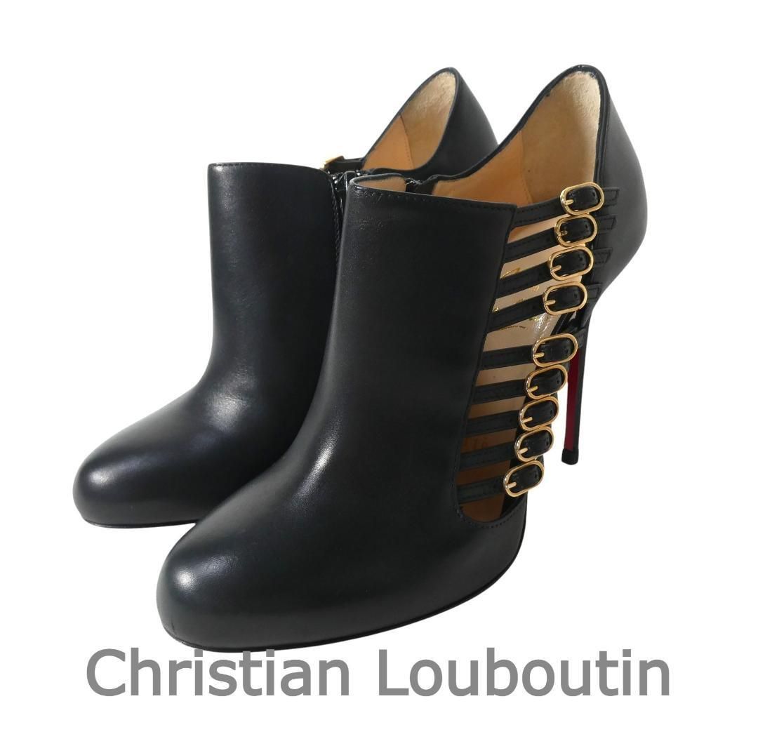 Christian Louboutin クリスチャンルブタン サイズ35 約22㎝ カーフレザー サイドベルト ラウンドトゥ ピンヒール ブーティ ショートブーツ パンプス 黒 ブラック レディース