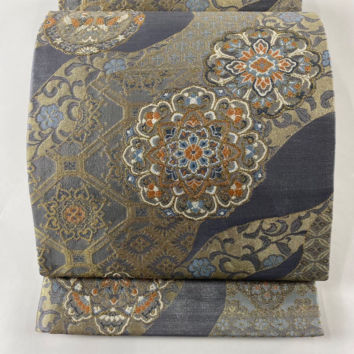 袋帯 美品 秀品 華文 向かい鳥 金糸 箔 灰色 六通 正絹 【中古