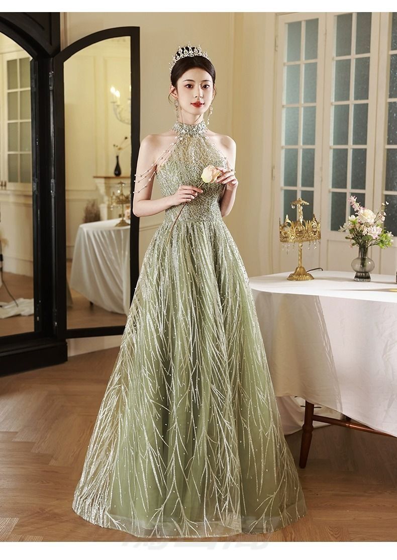 2025 グリーン レディース ハイウエスト ノースリーブ ホルターネック ロングドレス Aライン パーティー 誕生日 卒業式 主催者向けWP 109