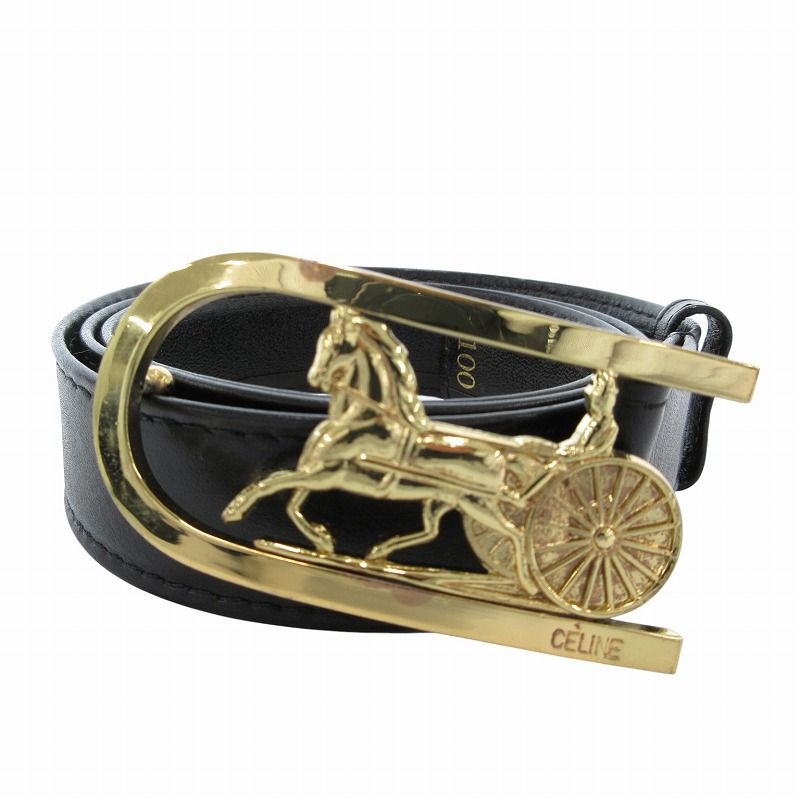 美品CELINE✨セリーヌ　ベルト　レザー　馬車ロゴ　黒 ゴールド　レディース CELINE】セリーヌ 馬車柄ロゴベルト | ブランド古着屋 Jesus