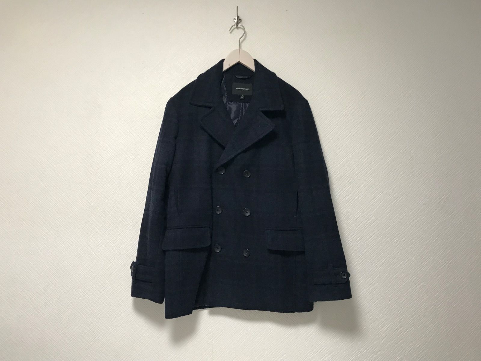 本物バナナリパブリックBANANAREPUBLICウールチェック柄中綿Pコートジャケット長袖サーフアメカジスケーターストリートミリタリービジネススーツパーティーモードドレスゴルフメンズM紺ネイビーインド製