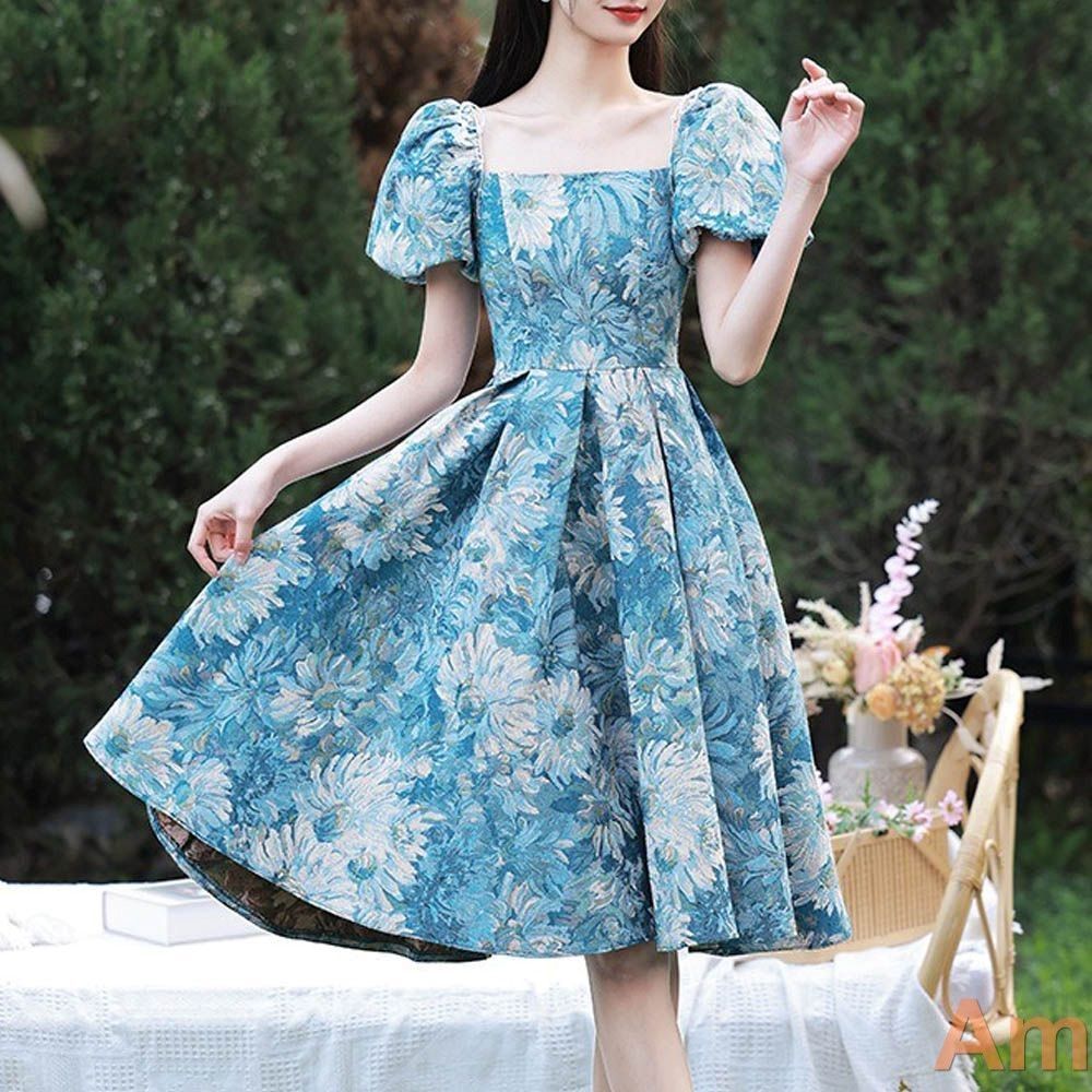 パーティードレス 花柄ブループリント 膝丈 ドレス 二次会 お呼ばれ パフスリーブ スクエアカット 上品 かわいい 結婚式ドレス 演奏会 発表会ドレス Aライン 0789 min