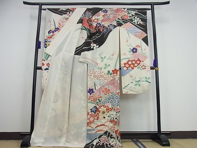 平和屋1□極上 夏物 アンティーク 大正ロマン 振袖 絽 駒刺繍 流水短冊